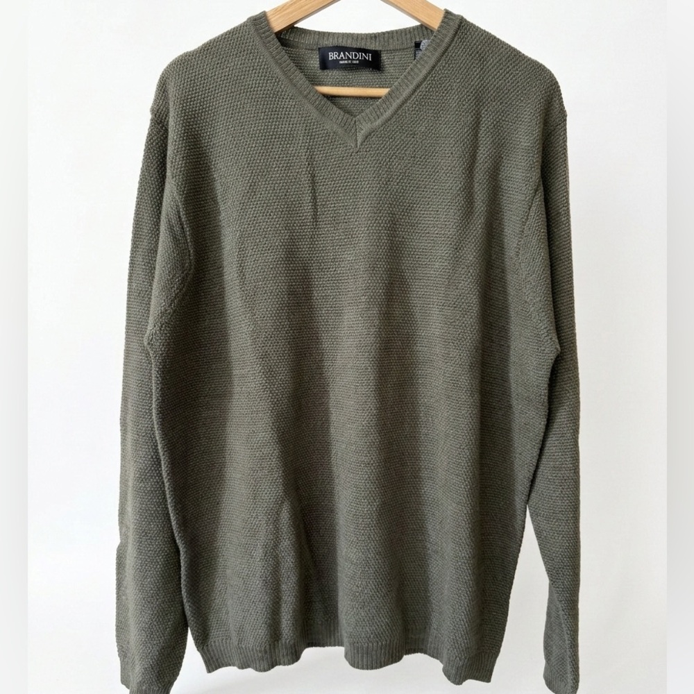 Brandini Italy Men's L Olive Green 100% Extrafine Merino Wool V-Neck Sweater